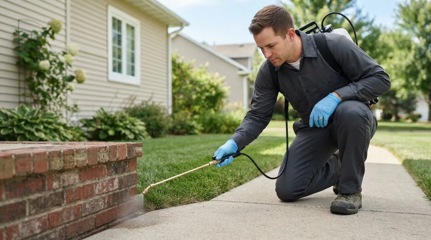 Pest control technician treating a home near North Spring, WV